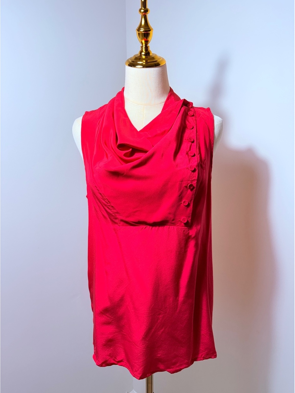 BCBG Max Azria Women's Red Silk Sleeveless Blouse with Cowl Neck